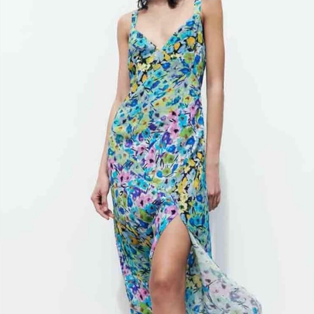 ZARA Floral Print V-Neck Midi Dress Sleeveless